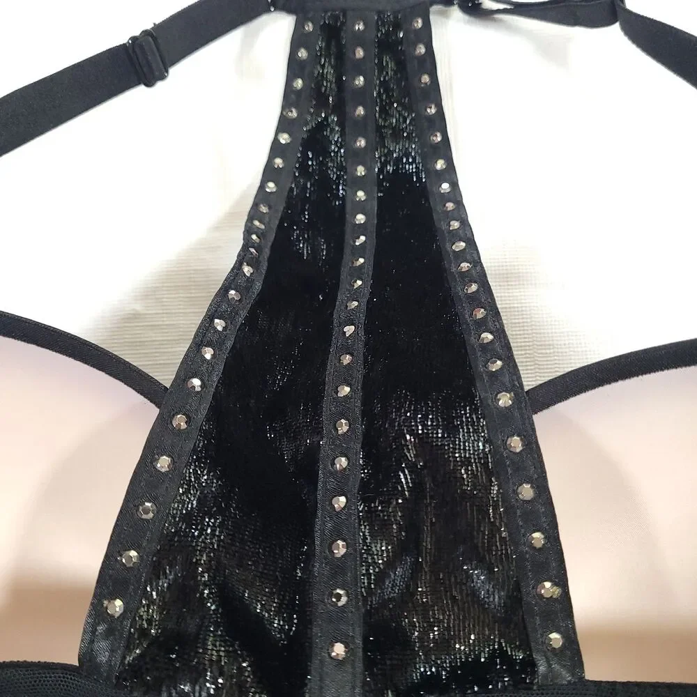 Victoria Secret Very Sexy Racerback Bra 36D Black Tencil Velvet Rhinestones‎ Adj